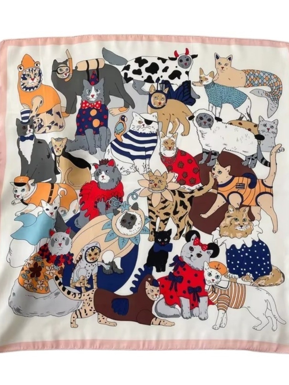 Playful Multi-Color Cat Print Silk-Feel Scarf - Pink Border 70*70cm
